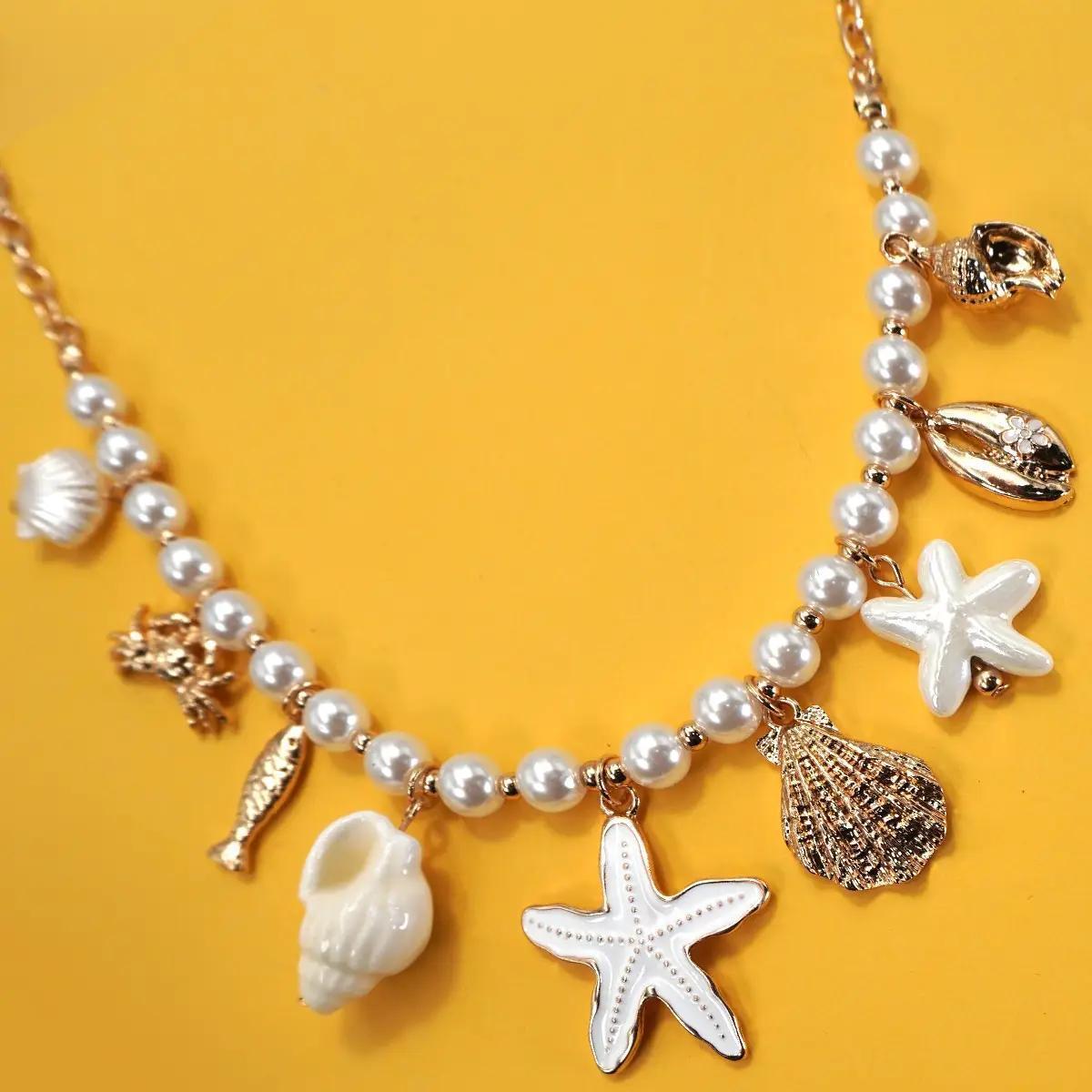 Charm Peral Necklace-Seashell Starfish Crab Fish