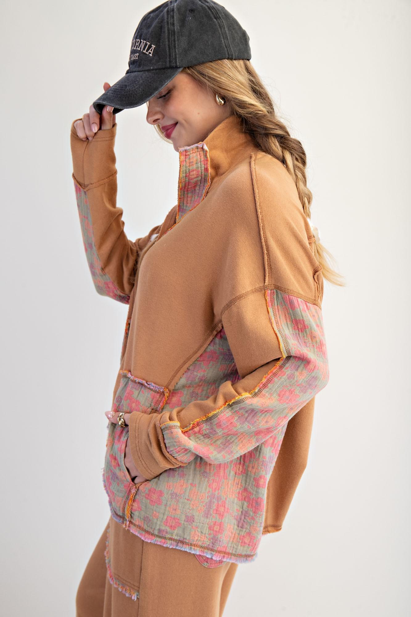 Floral Camel Mock Neck Washed Terry Pullover