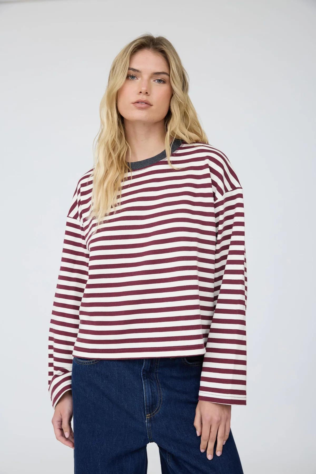 COLOR BLOCK NECK TRIM LONG SLEEVE BOXY KNIT TOP