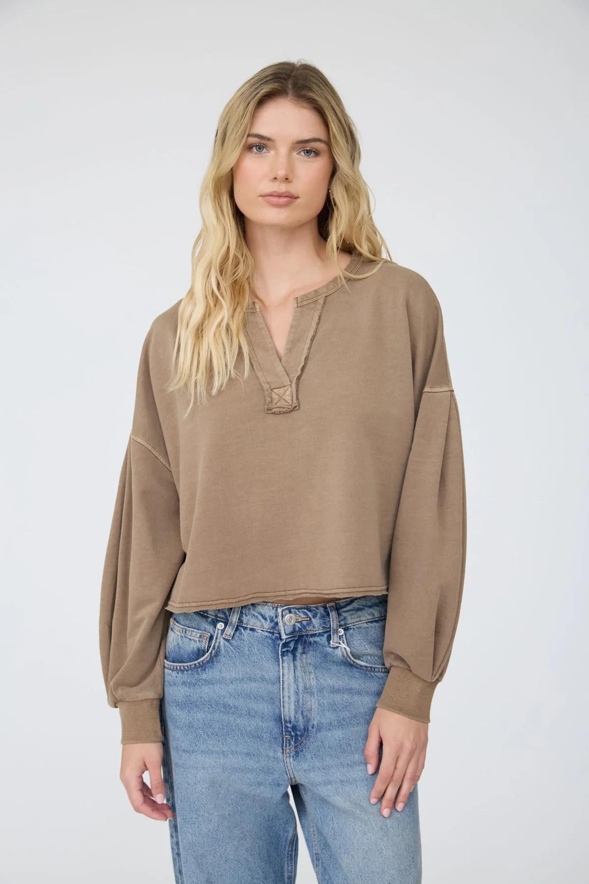 BROWN NOTCH NECK BOXY LONG SLEEVE KNIT CROP TOP