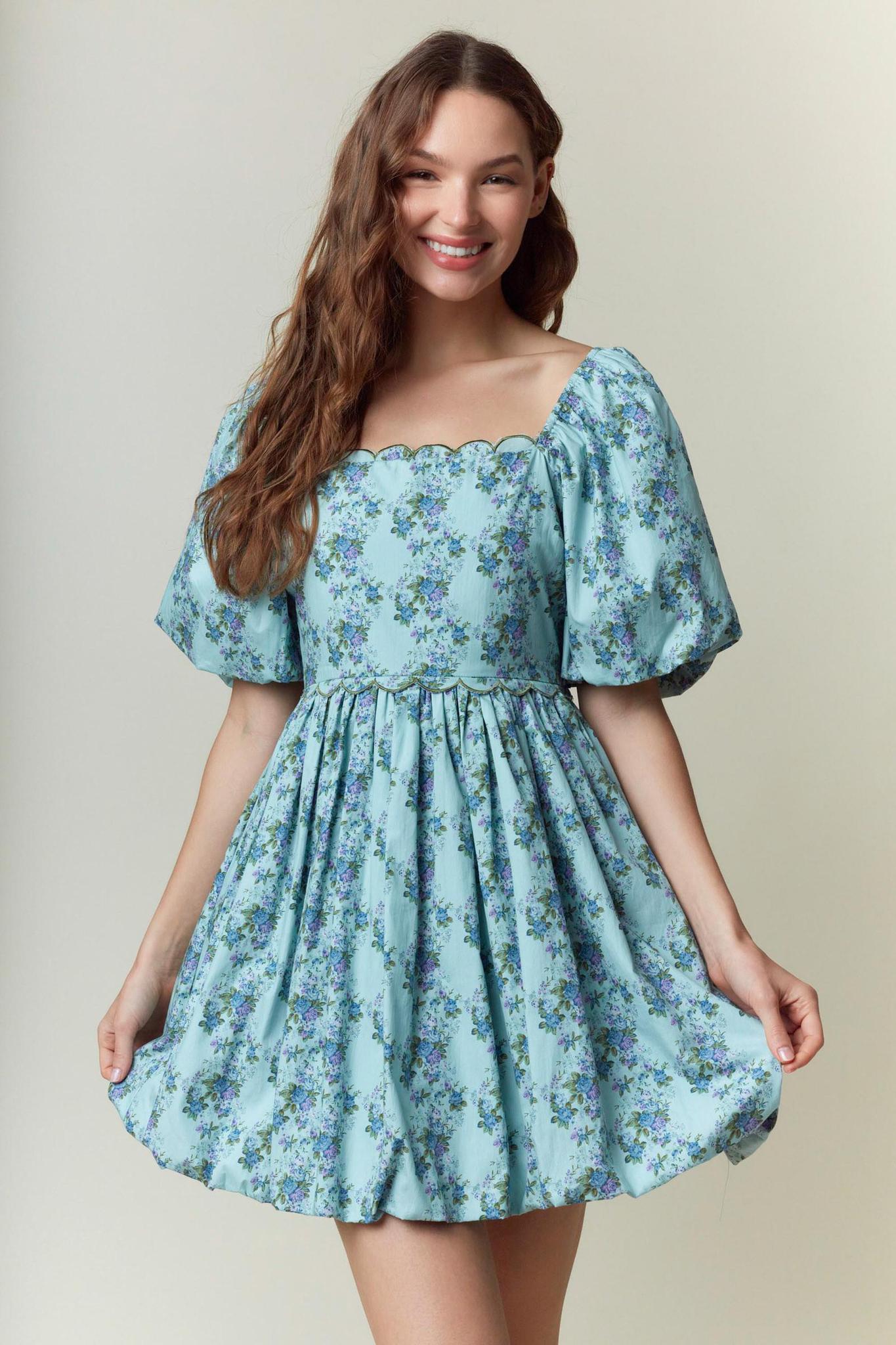 Emerald Floral Printed Scallop Embroidery Mini Dress