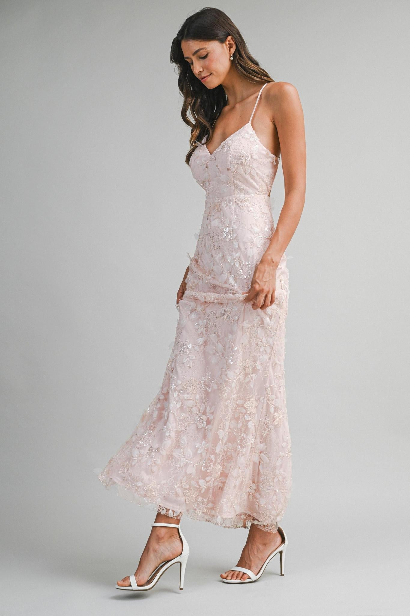 Embellished Lace Floral Applique Maxi Dress