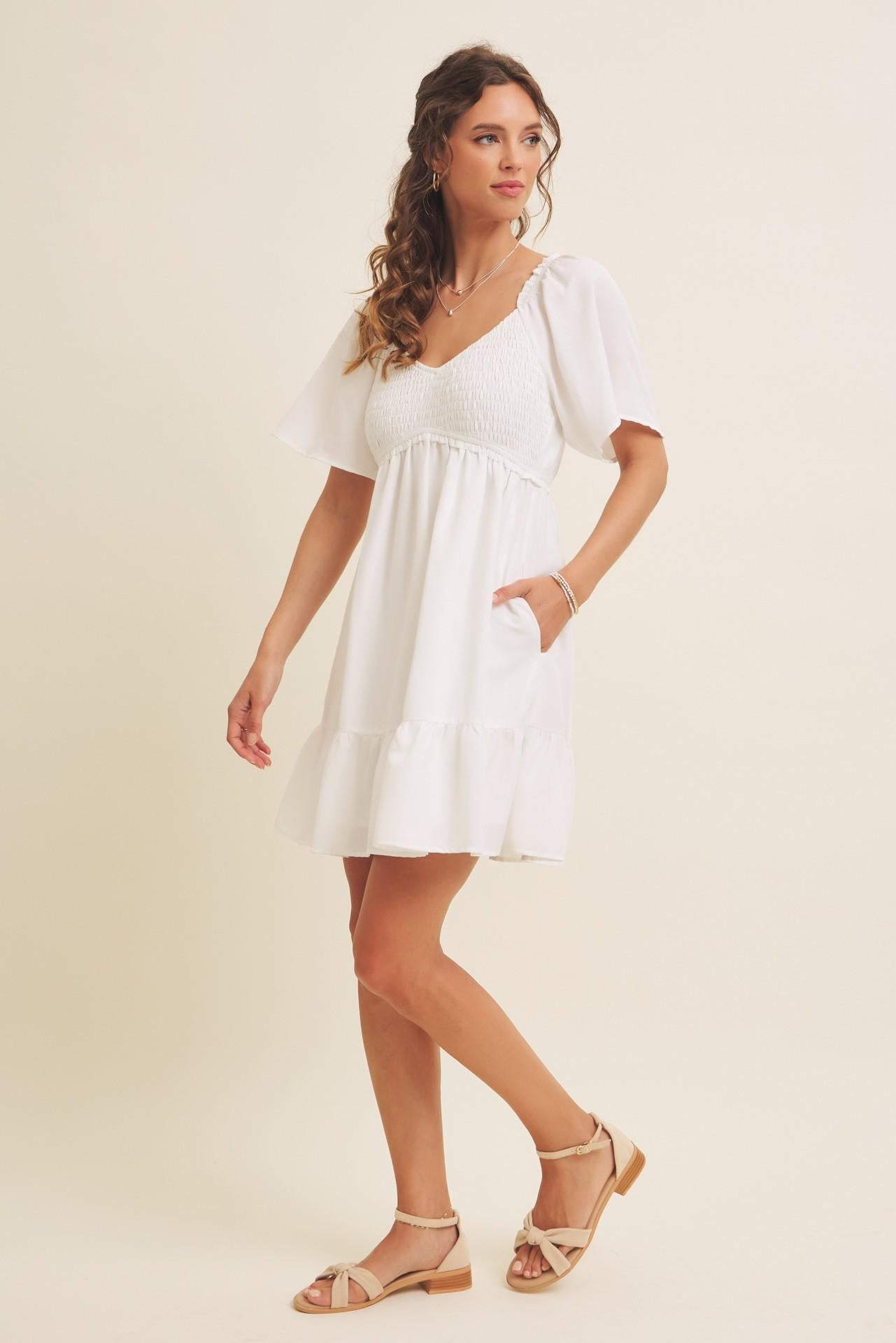 White Lovely Flare Smocked Mini Dress