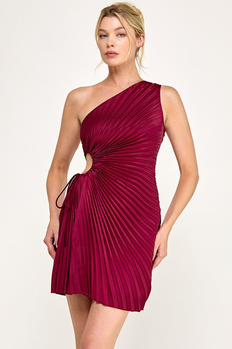 Wine Satin Asymmetrical One-shouler Pleated Mini Dress