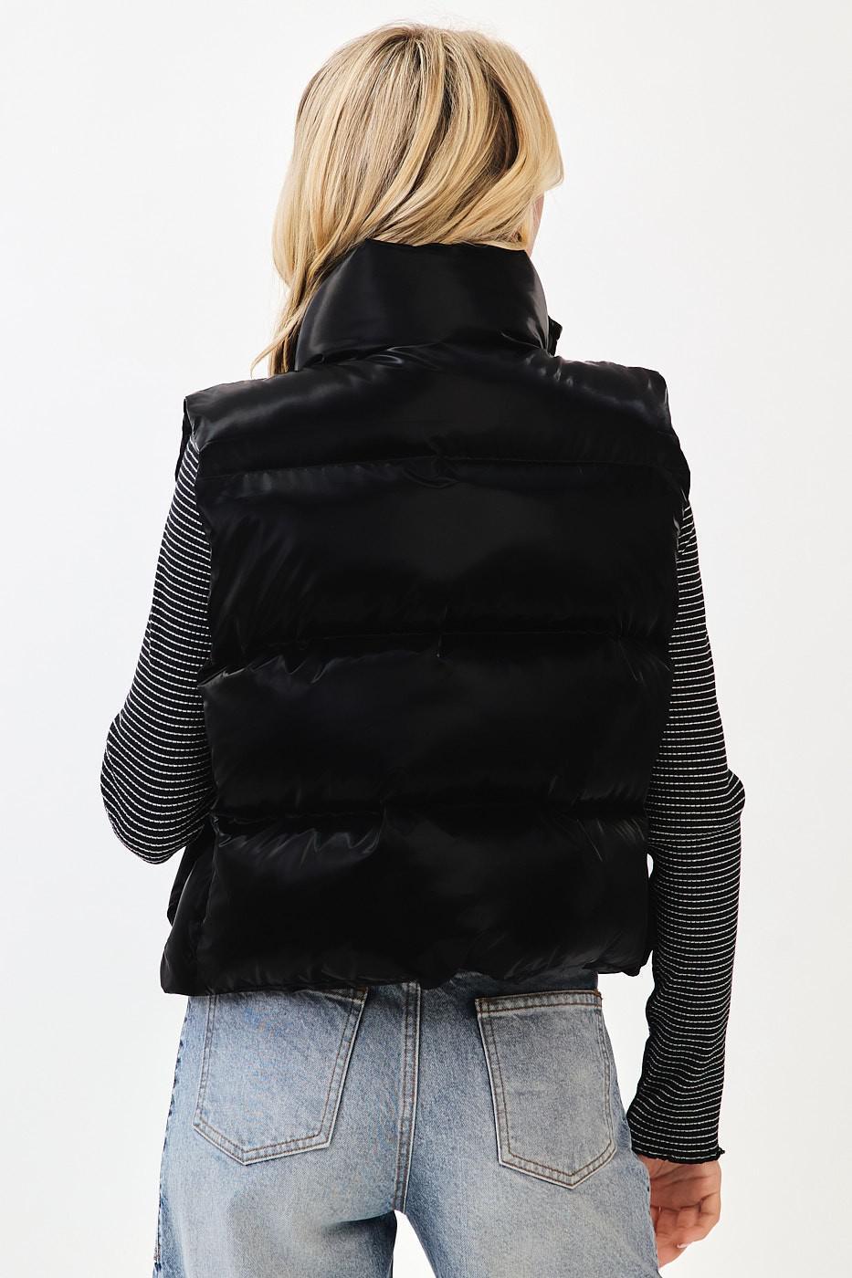 Black Metallic Shine Padded Puffer Vest