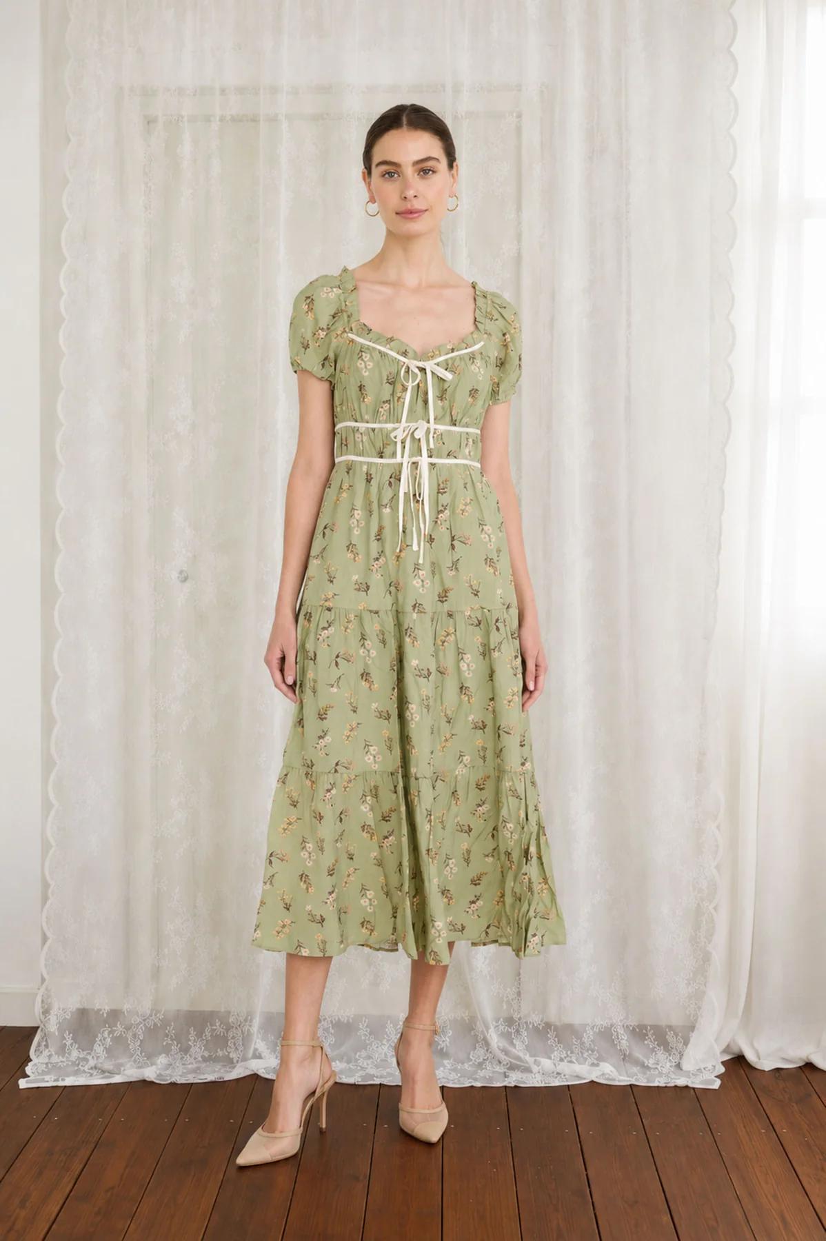 OLIVE FLORAL PRINT RUFFLE TIERED PUFF SLEEVE MIDI DRESS