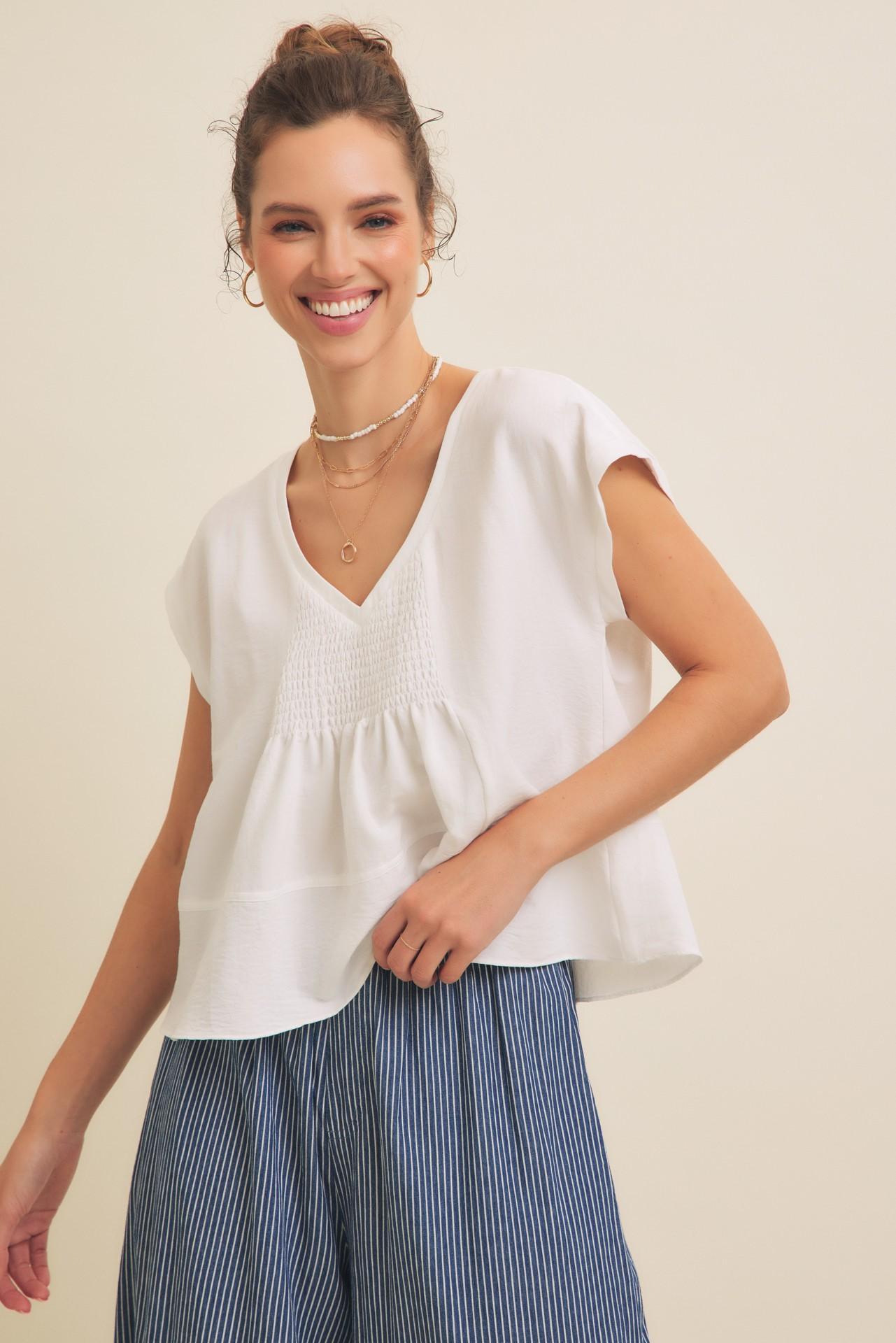 Flowy Oversized Blouse With Smocked Detail - White