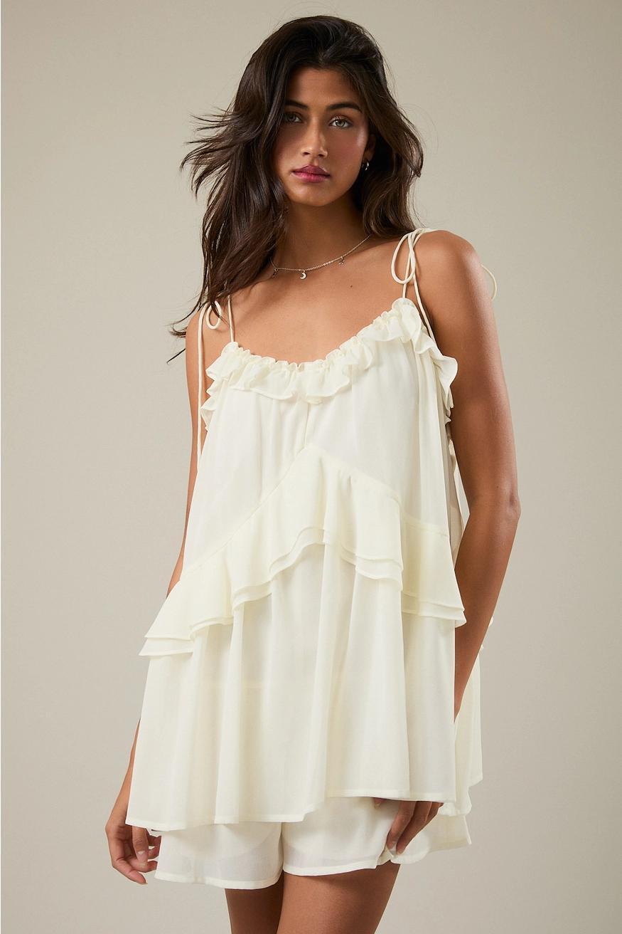 Ruffle Detail Shoulder Tie Flare Romper