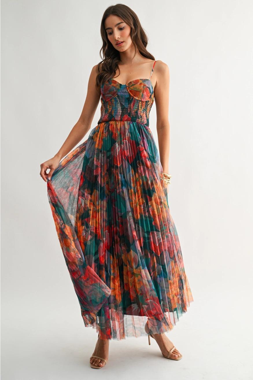Pleated Floral Tulle Maxi Dress