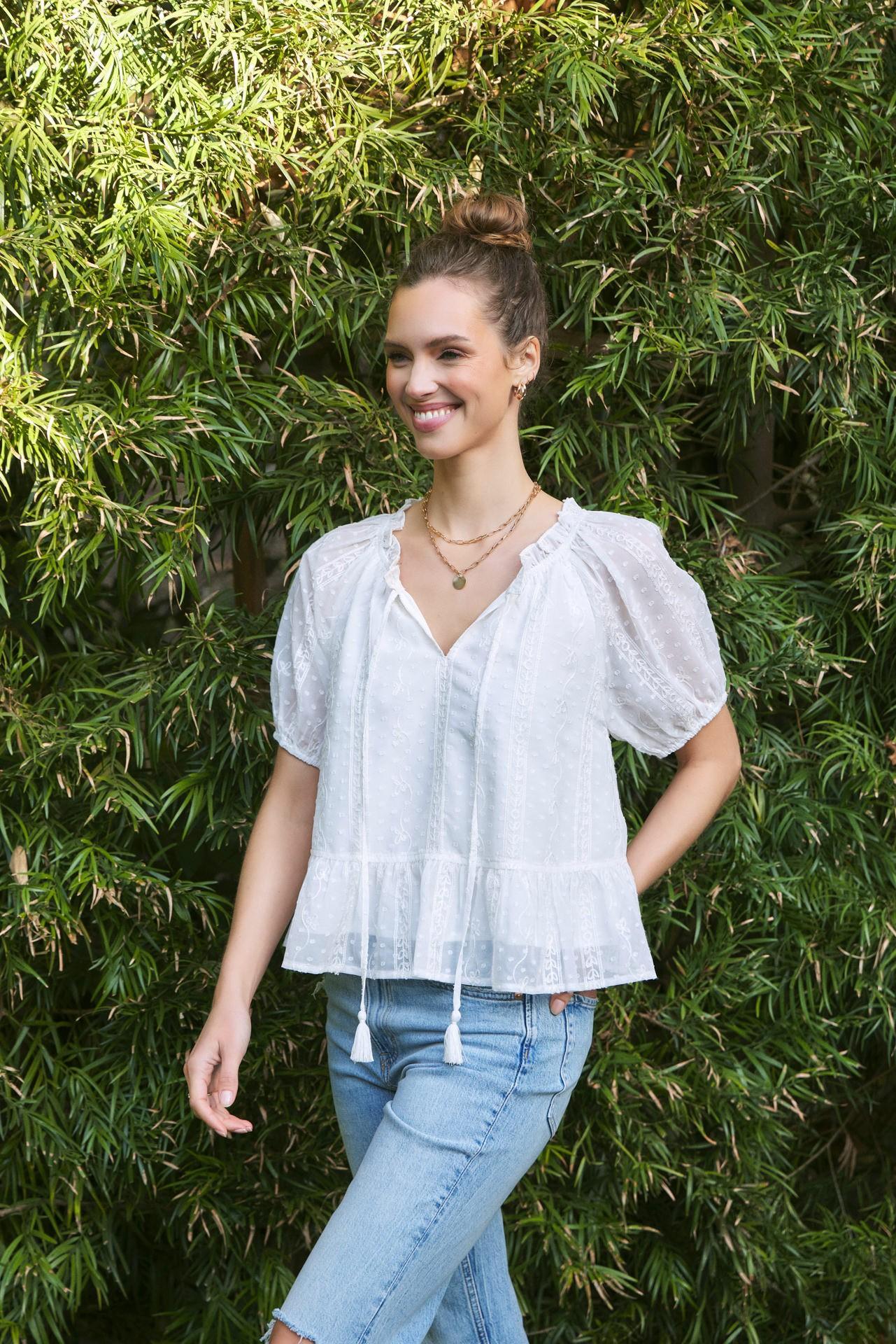 Embroidered Chiffon Flare Bubble Sleeve Blouse