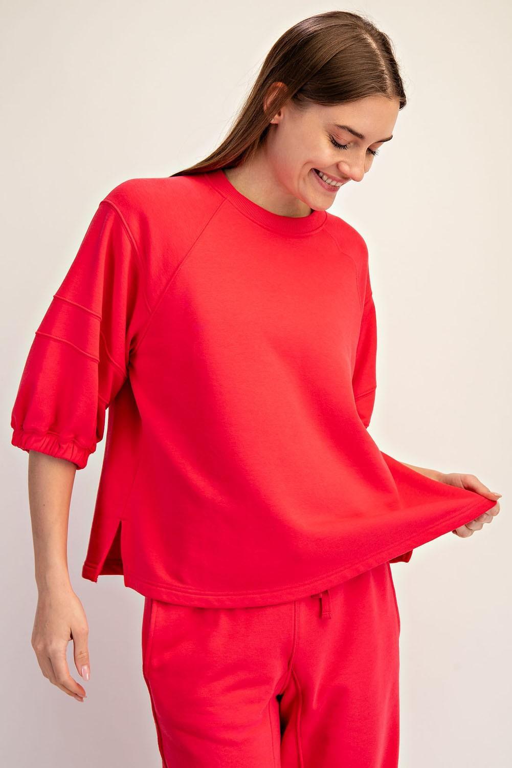 French Terry Bubbled Half Sleeve Top - Candy Red