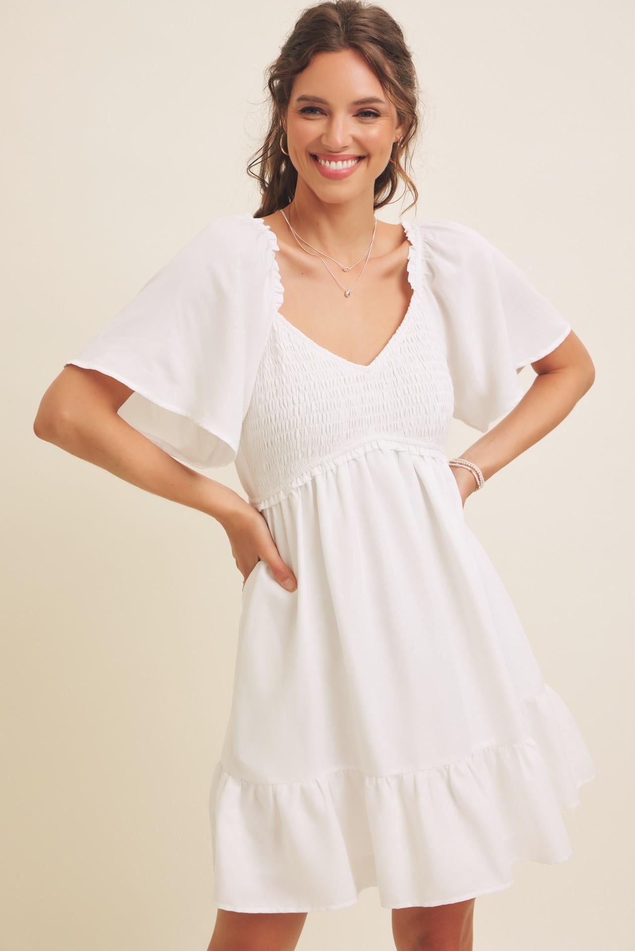 White Lovely Flare Smocked Mini Dress