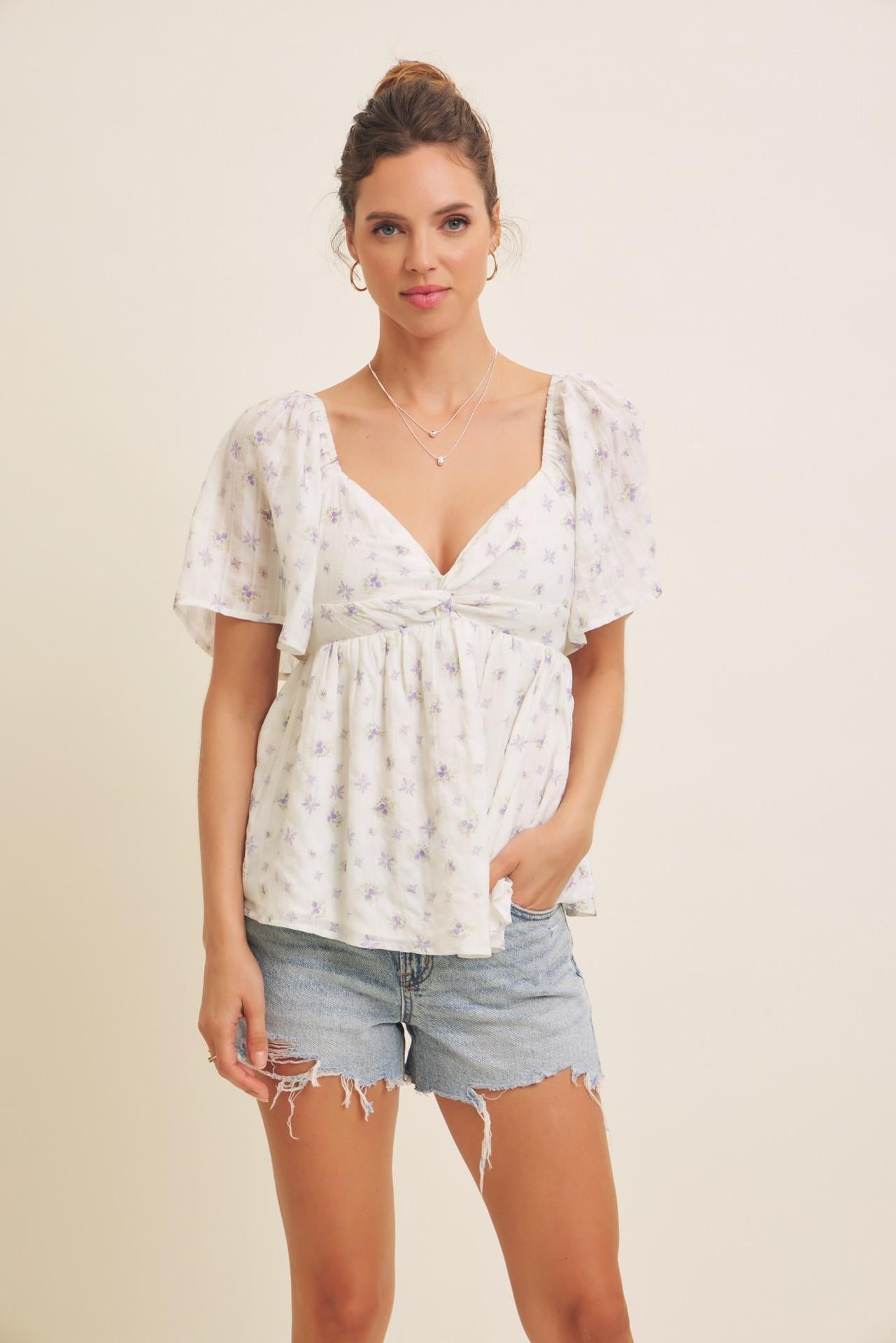 Sheer Crinkled Floral Blouse Knotted Front