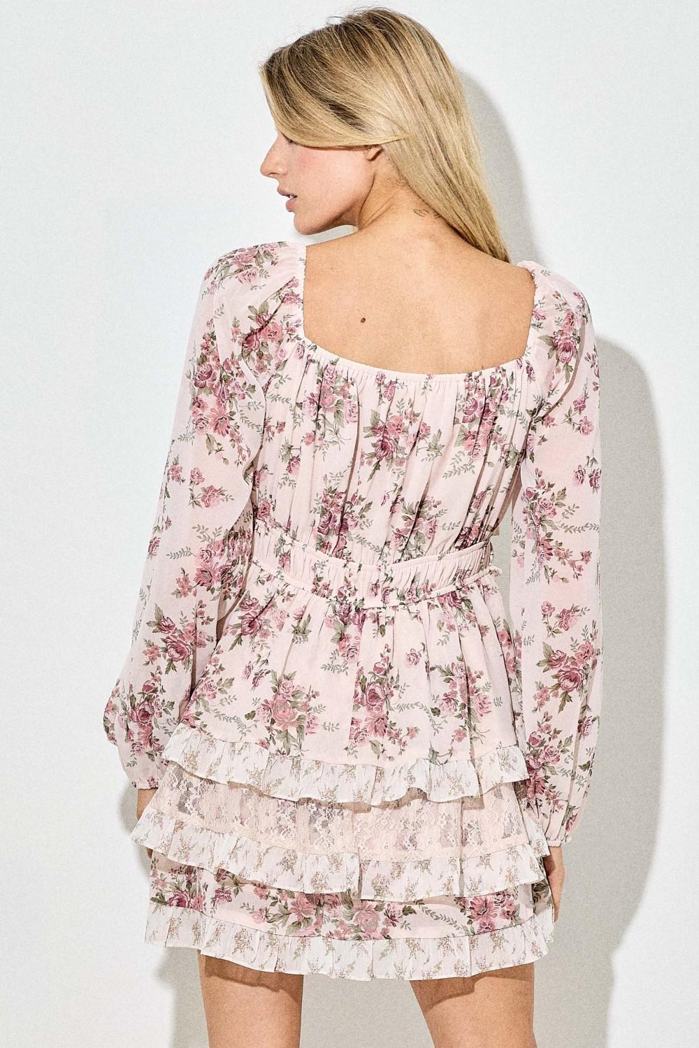 Romantic Floral Long Sleeve Ruffle Mini Dress