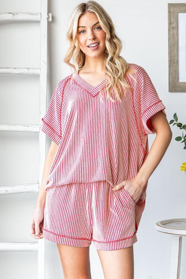 Red Two-Tone Solid Urban Rib Top