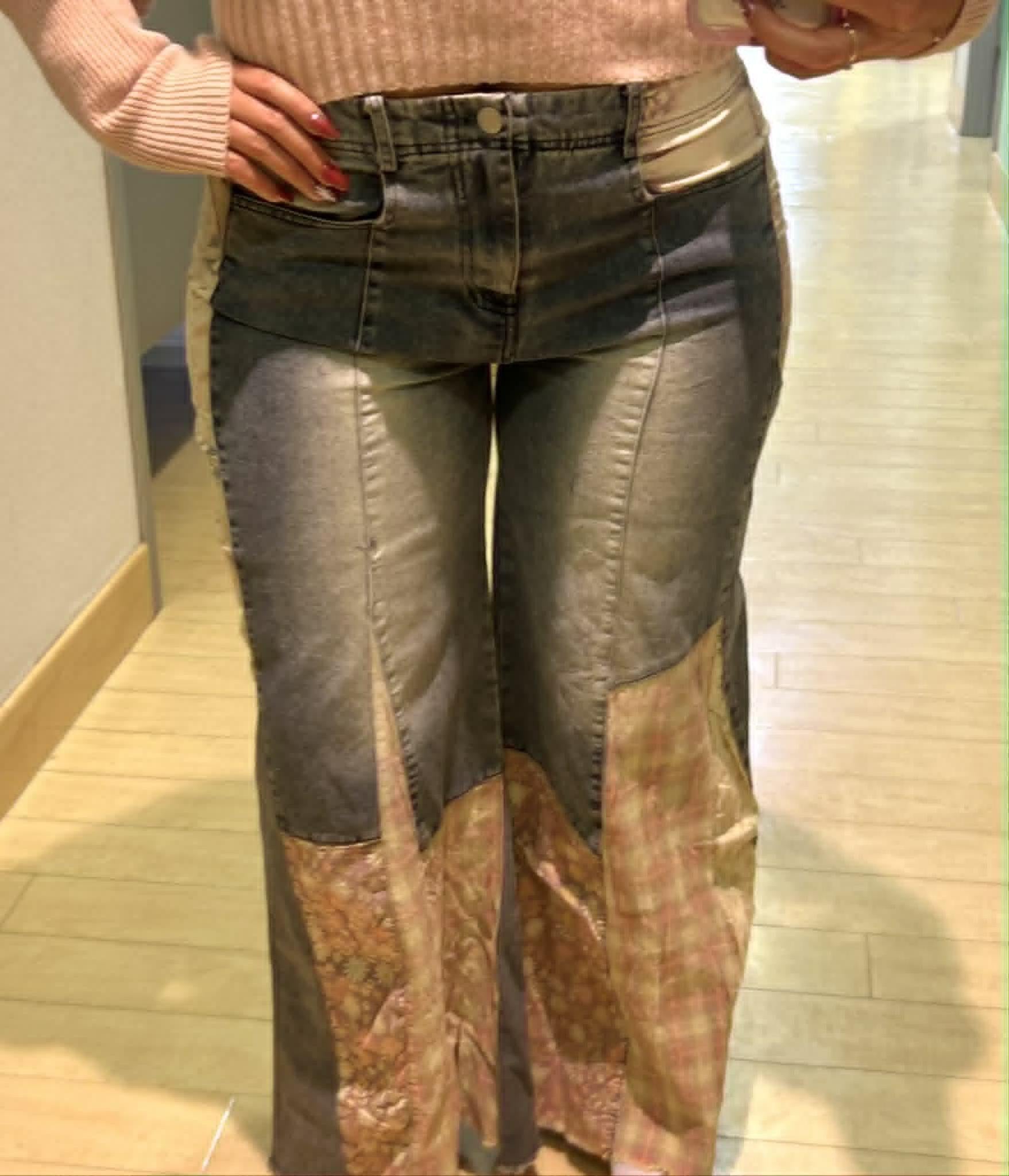 Multi-Print Elastic Denim Pants