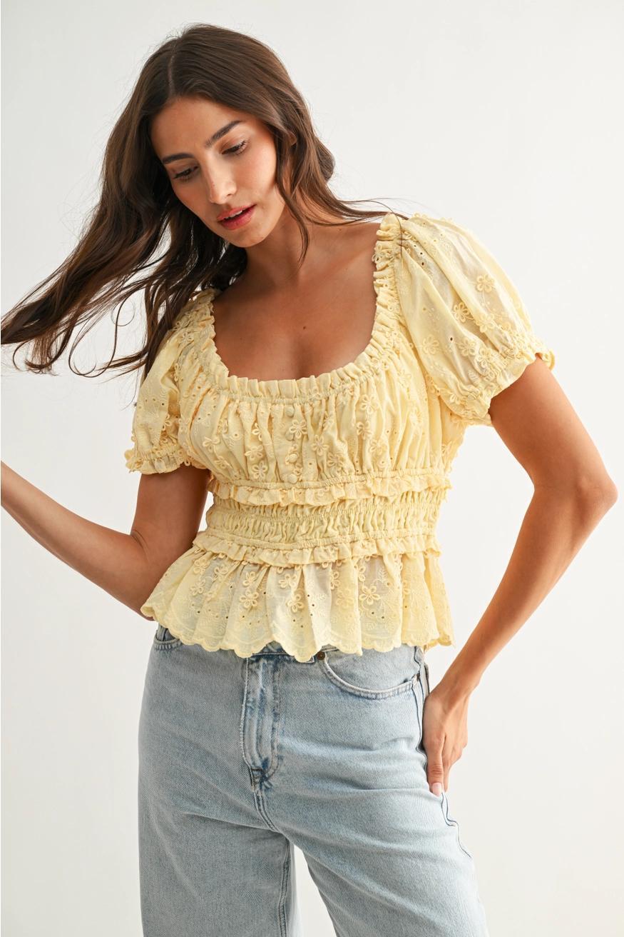 Embroidered Peplum Blouse in Yellow