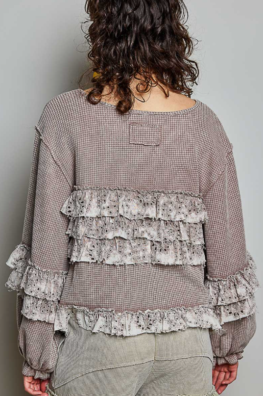 Vintage Washed Relaxed Thermal Ruffle Balloon Sleeve Top