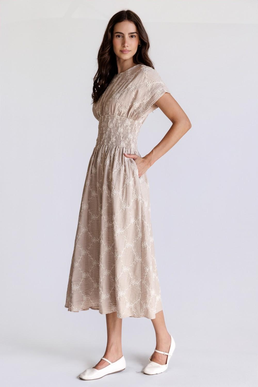 Beige/Ivory Embroidered Smocked Midi Dress