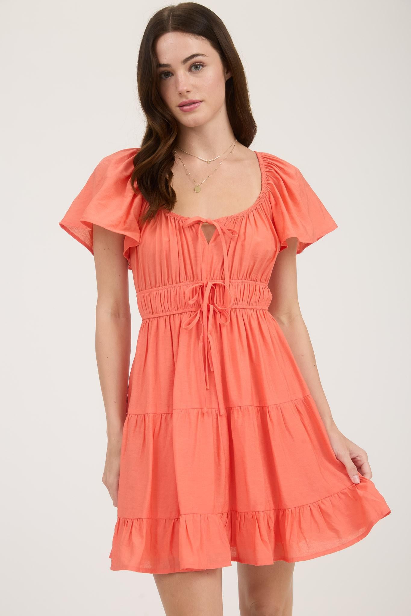 Coral Front Tie Short Sleeve Tiered Dress
