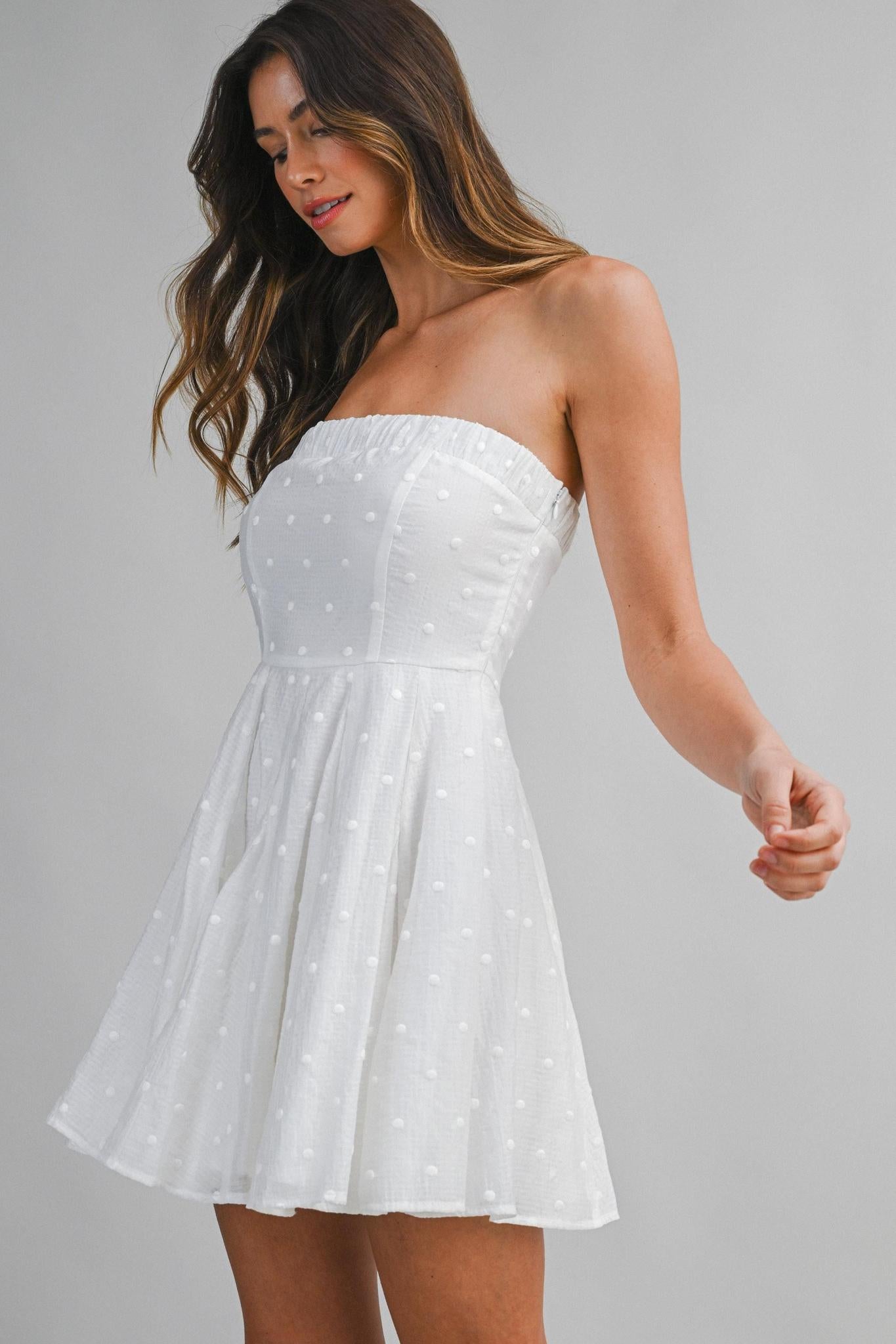 Textured Dot Strapless Flared Skirt Mini Dress