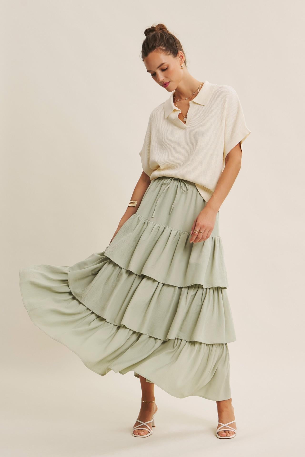 Airy Tiered Ruffle Maxi Skirt With Pockets - Sage