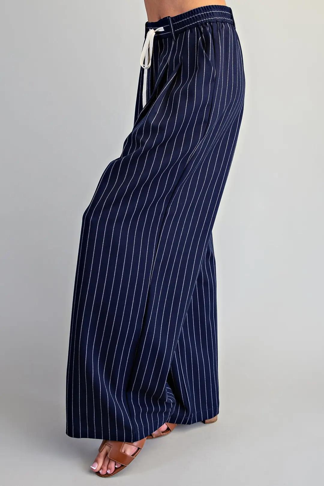 Navy Pinstriped Front Tie Pants