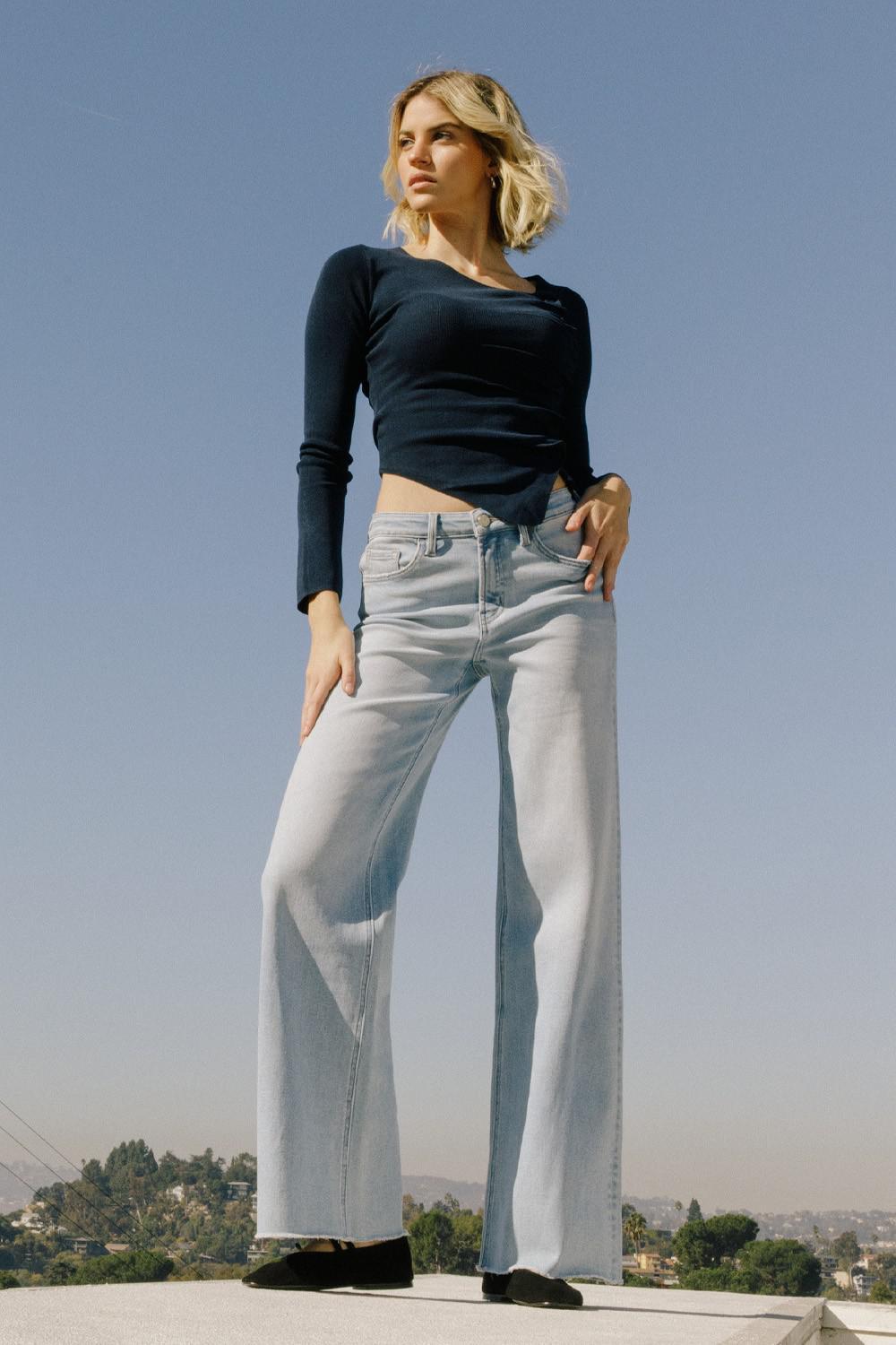 High Rise Raw Hem Wide Leg Jeans