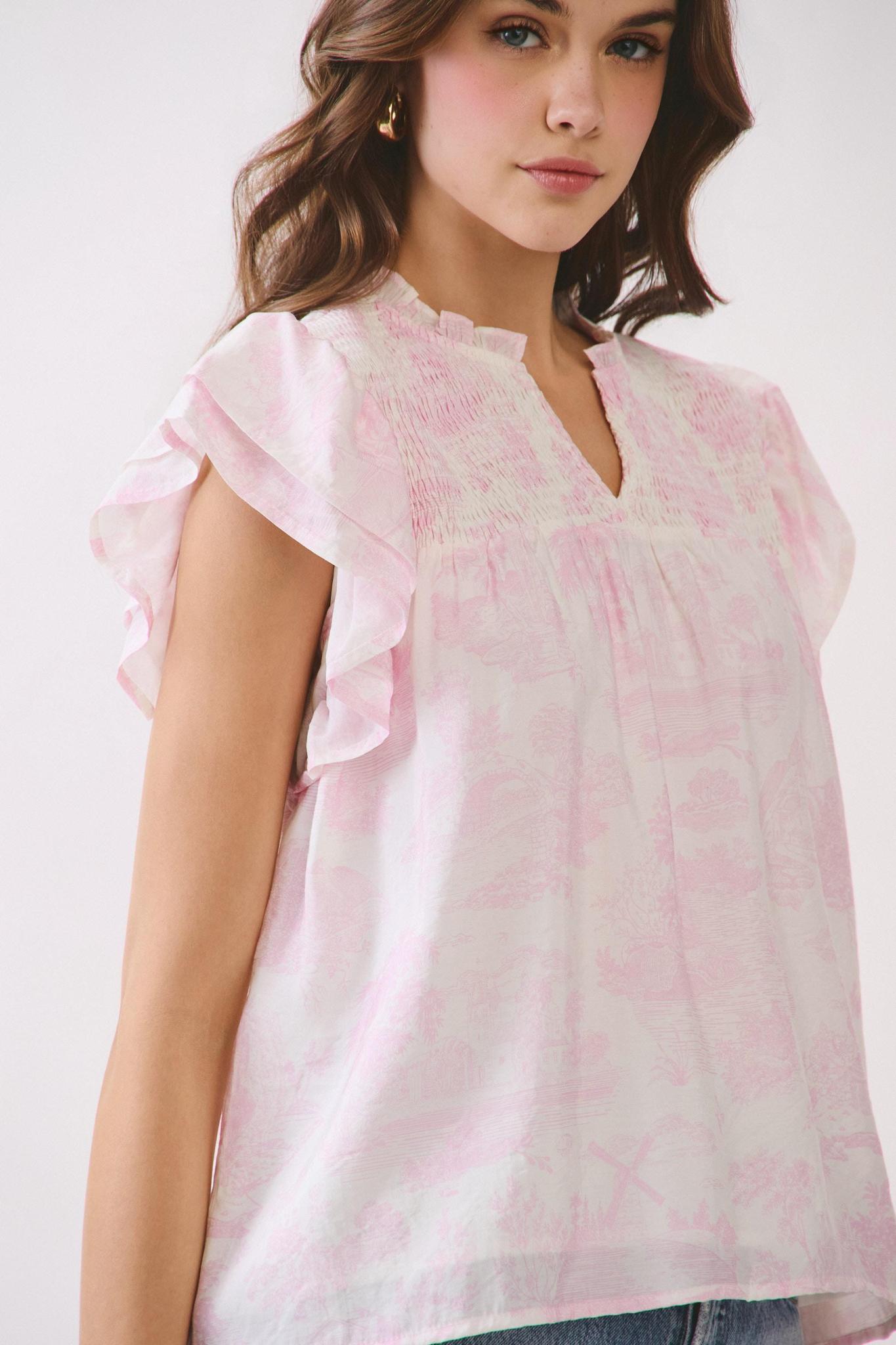Pink Toile Smocked Ruffle Sleeve Blouse