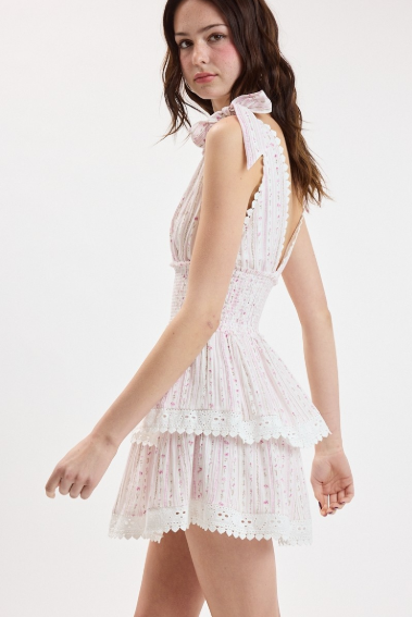 Border Stripe Tie Strap Layered Lace Mini Dress