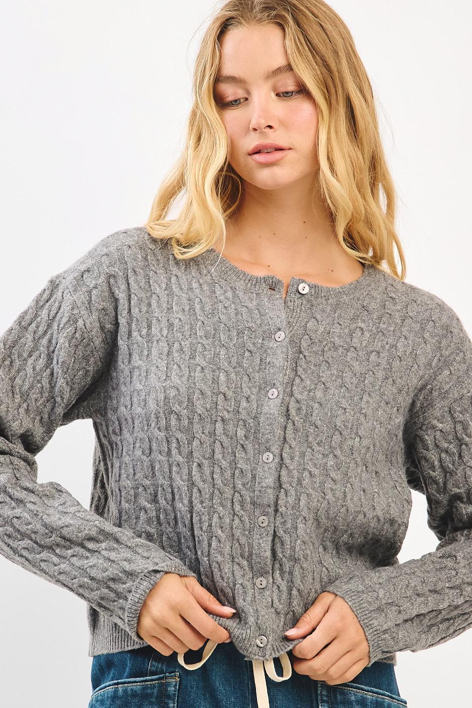 Heather Grey Cable Knit Crew Neck Cardigan