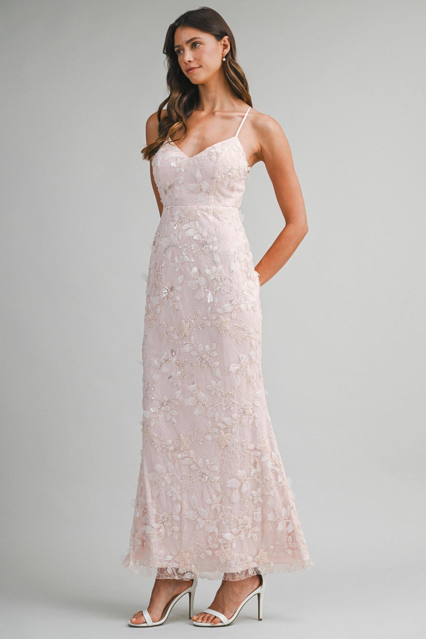 Embellished Lace Floral Applique Maxi Dress
