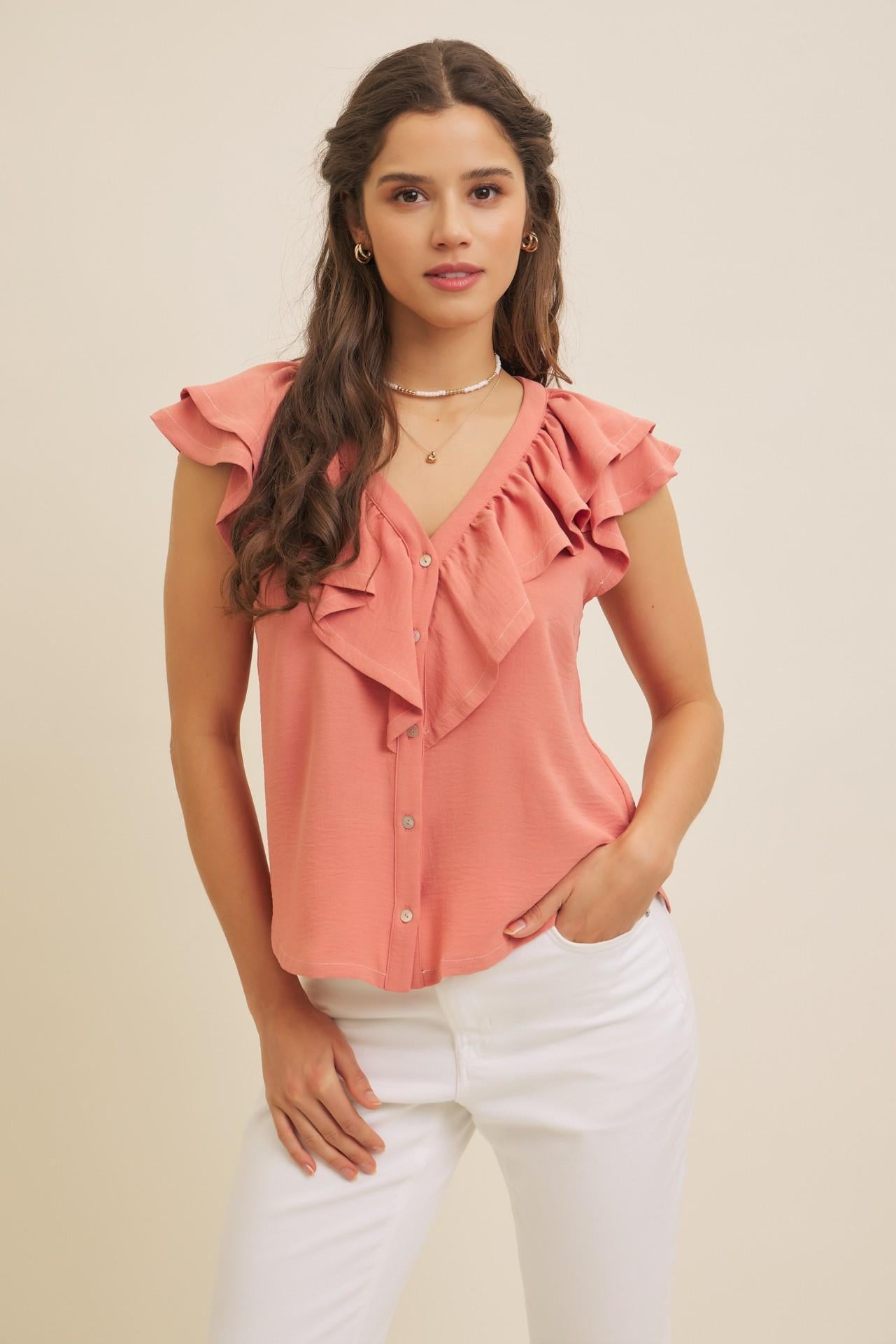 Terracotta Button-down Ruffle Blouse