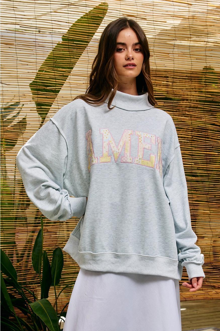 'Amen' Embroidered Patchwork Mock Neck Sweatshirt