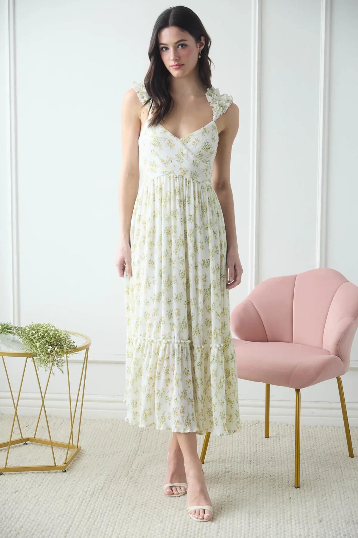 FLORAL WRAP RUFFLE SLEEVELESS MAXI DRESS