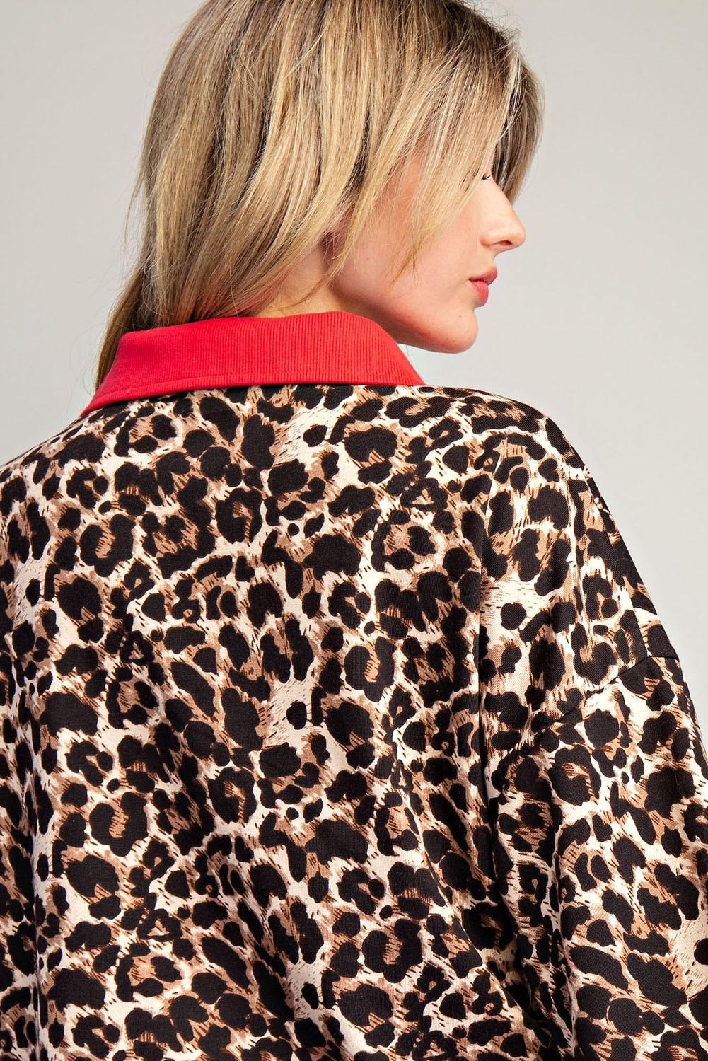 Leopard Contrast V-neck Long Sleeve Top