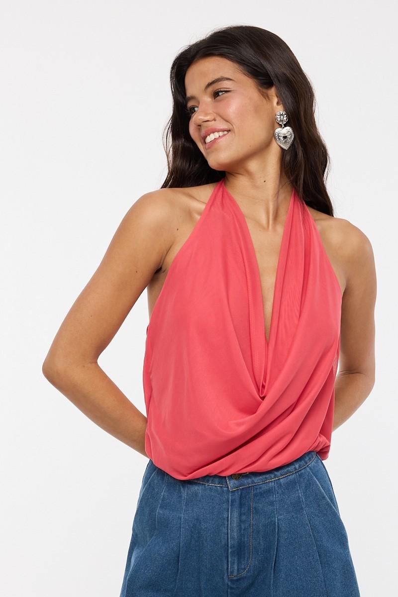 Red Halter Tie Back Strap Mesh Top