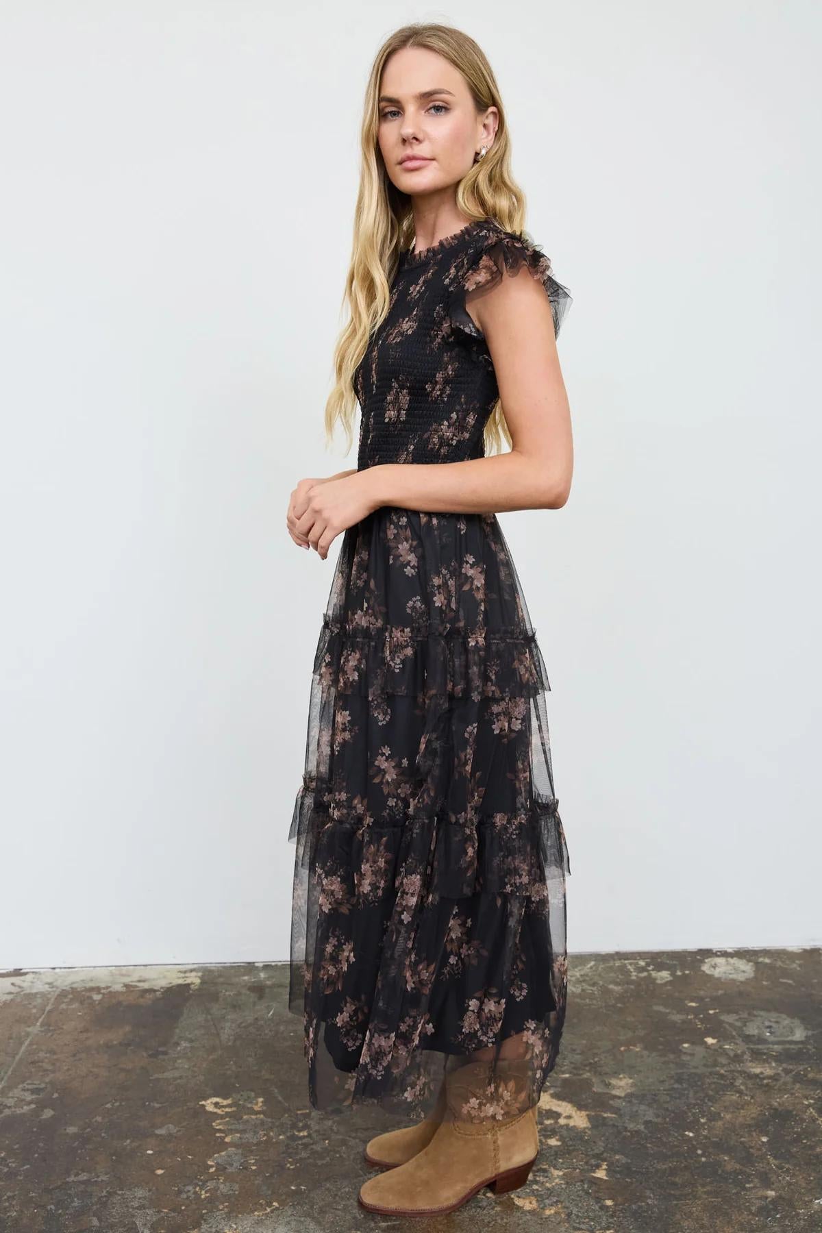 BLACK MULTI SMOCKED RUFFLE TIERED FLORAL MIDI DRESS