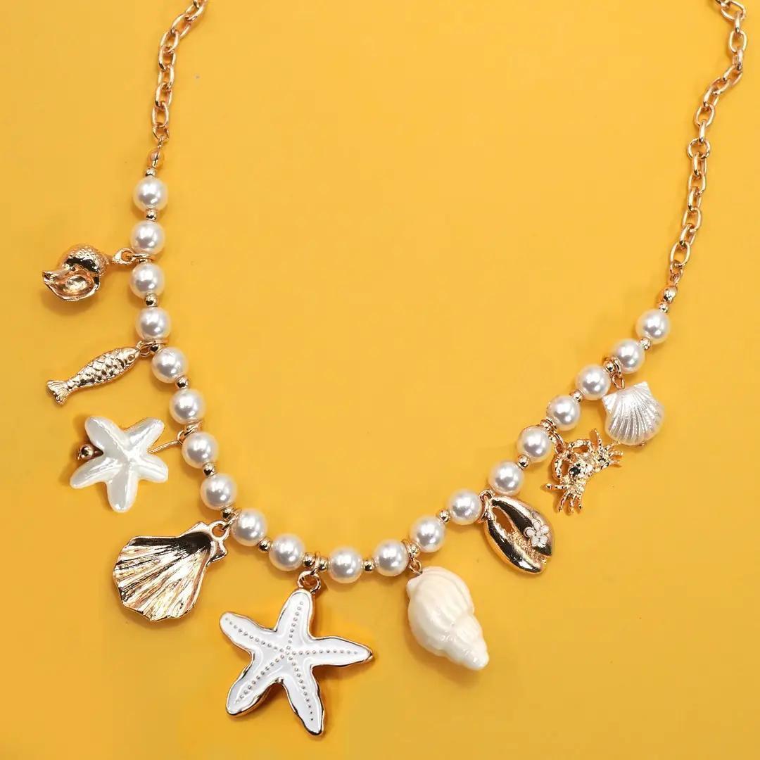 Charm Peral Necklace-Seashell Starfish Crab Fish