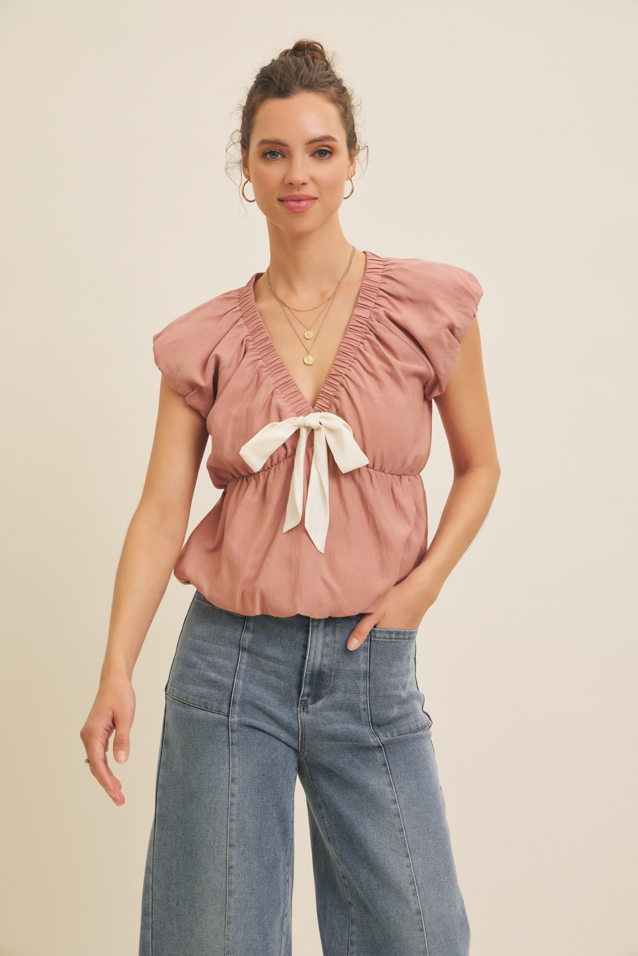 Mauve Bubble V-neck Blouse Top With Front Bow