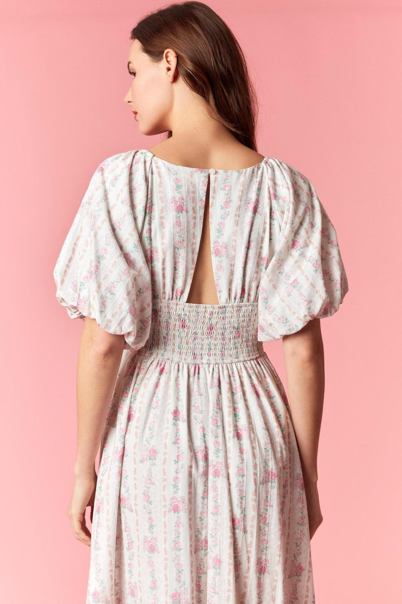 Striped Floral Bubble Sleeve Pleat Detail Dress