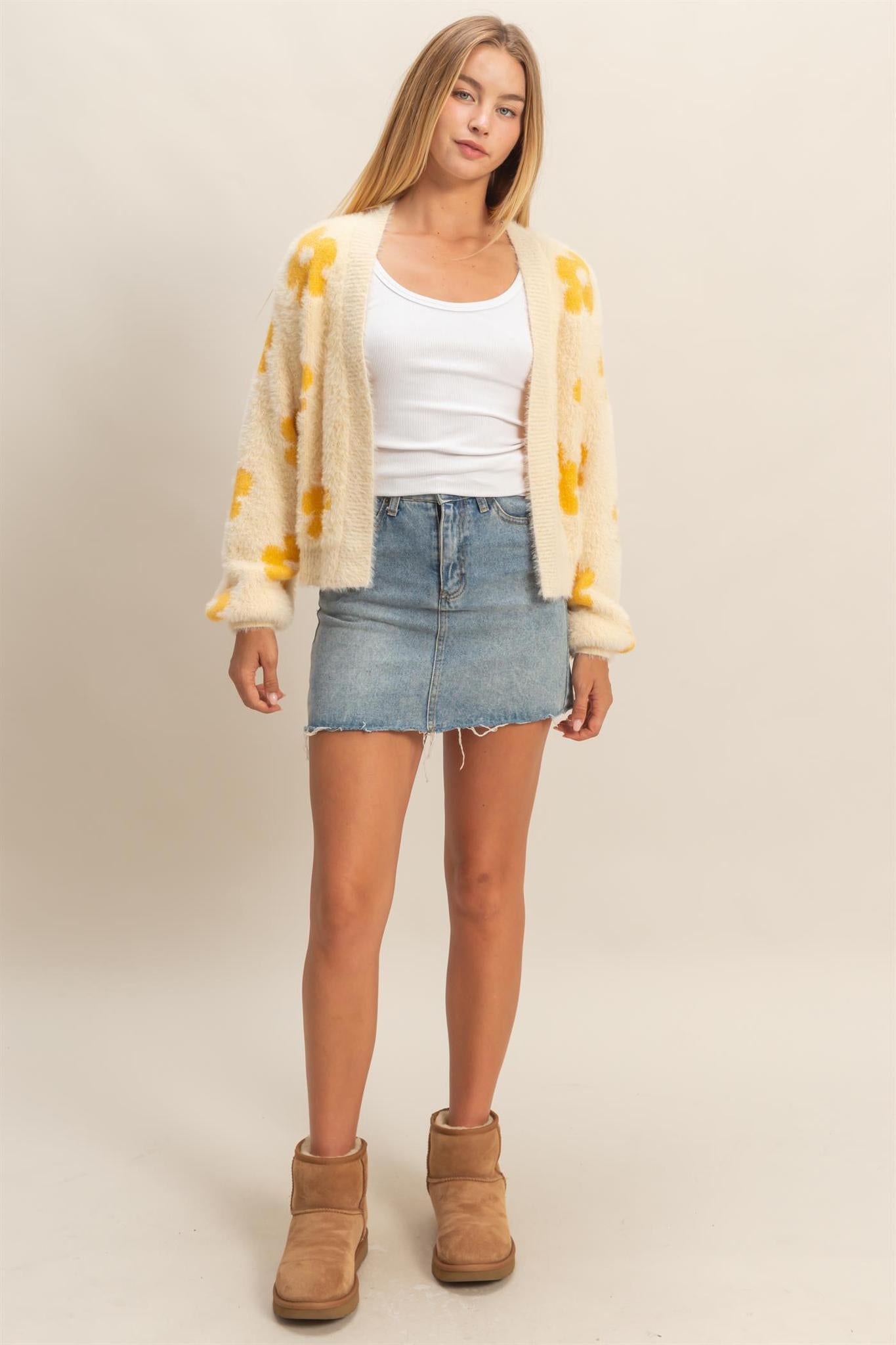 Yellow Floral Pattern Fuzzy Sweater Cardigan