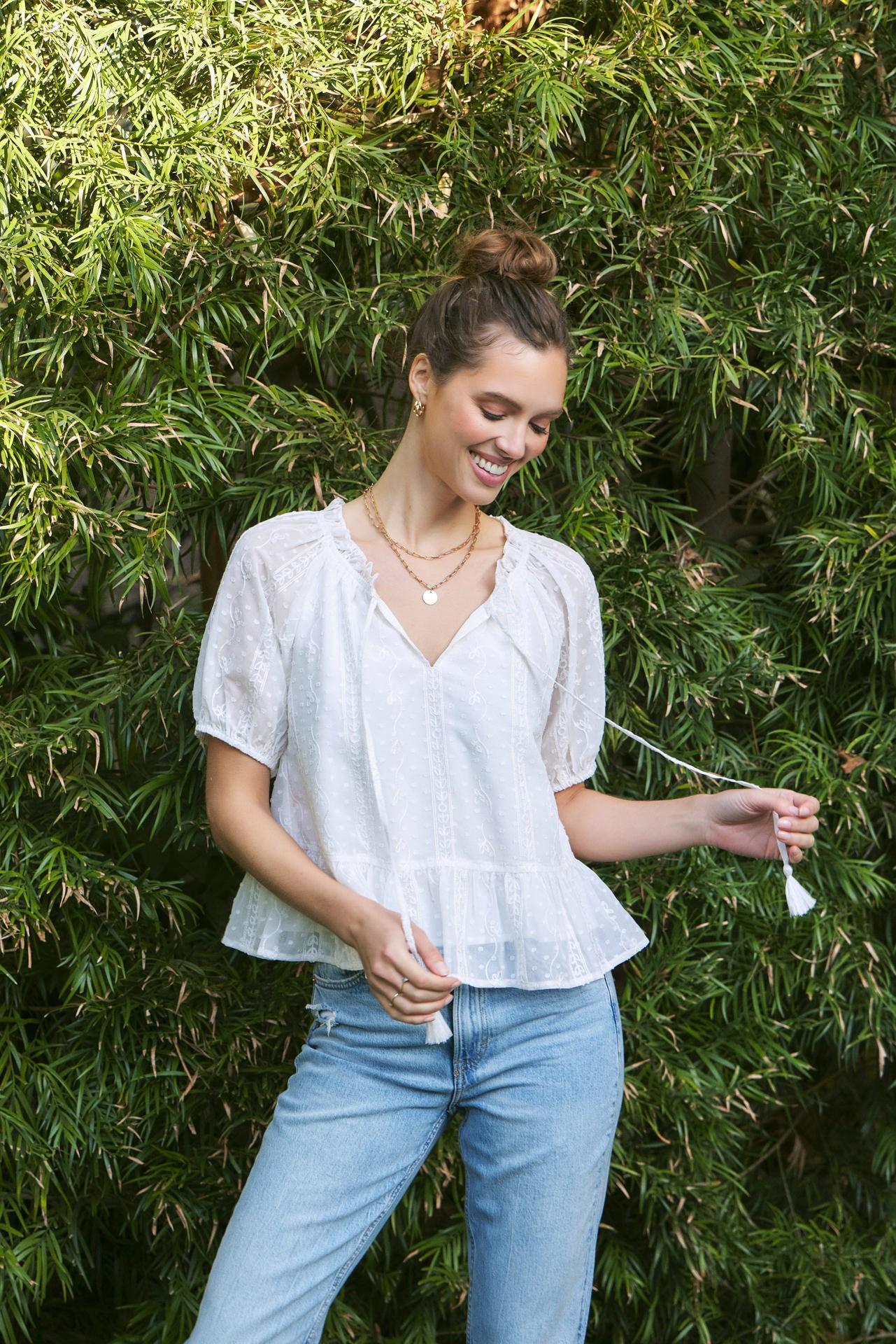 Embroidered Chiffon Flare Bubble Sleeve Blouse