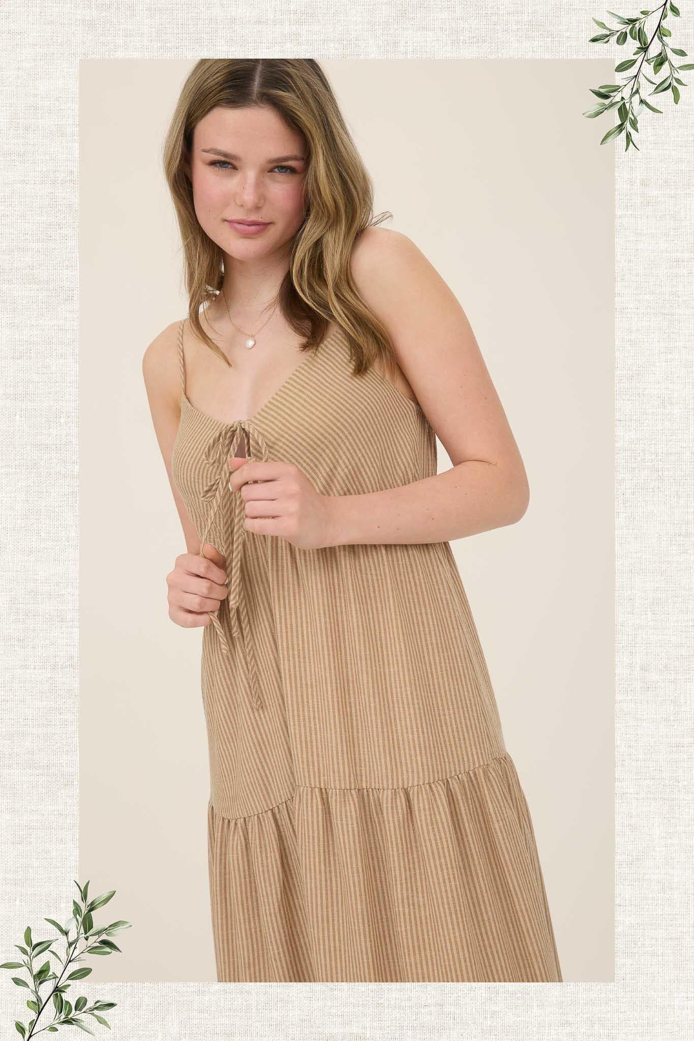 Striped Front Tie Tiered Midi Sundress