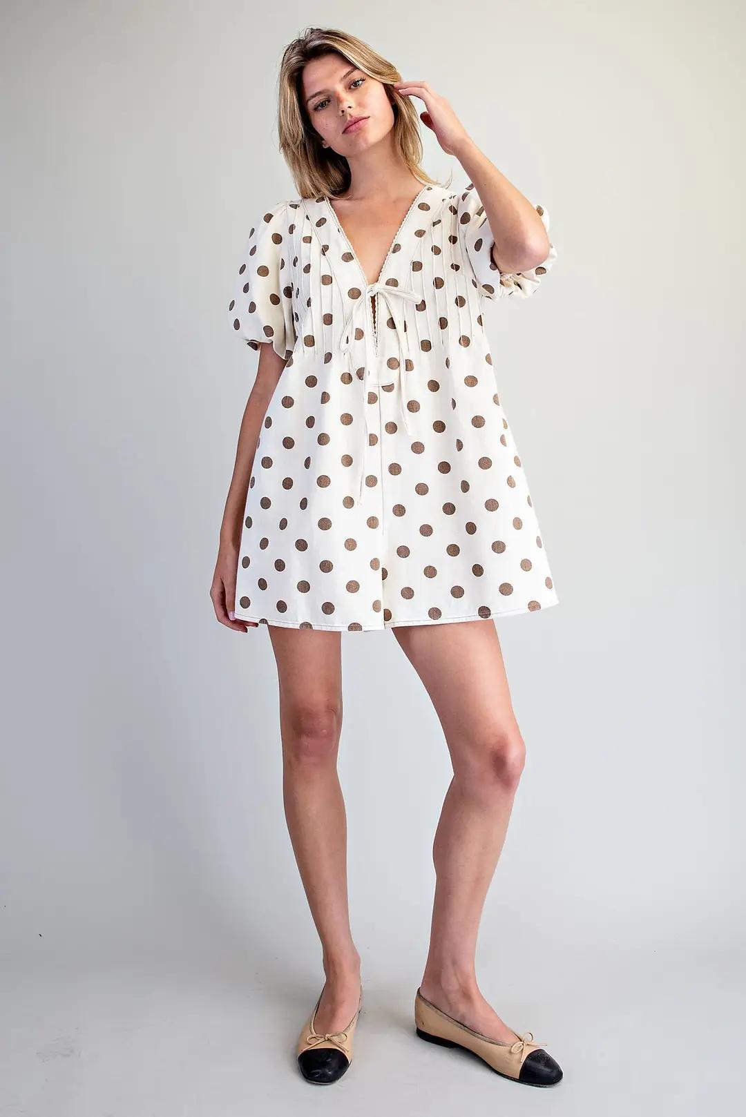Oatmeal Mineral Washed Polka Dot Pleated Romper