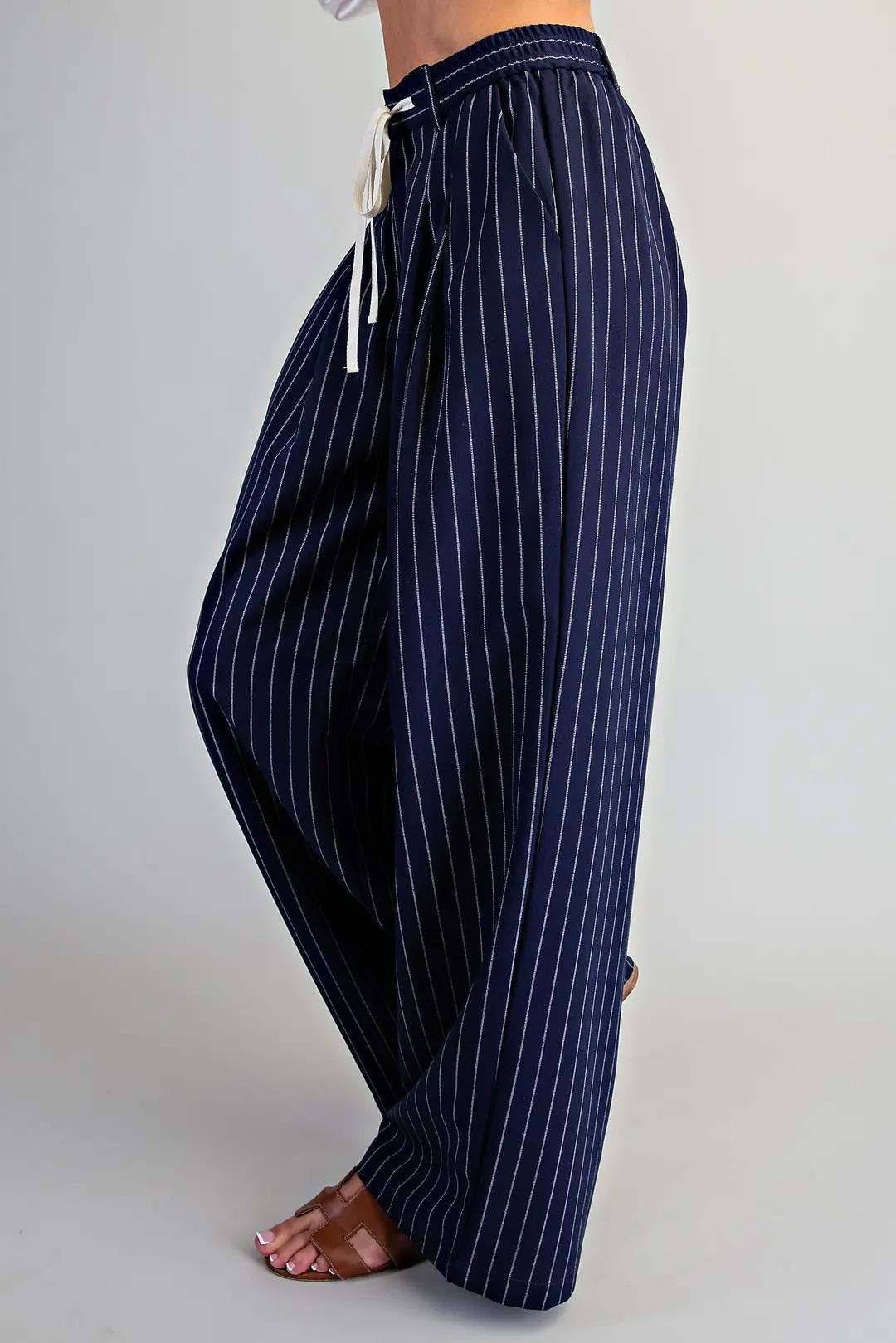 Navy Pinstriped Front Tie Pants