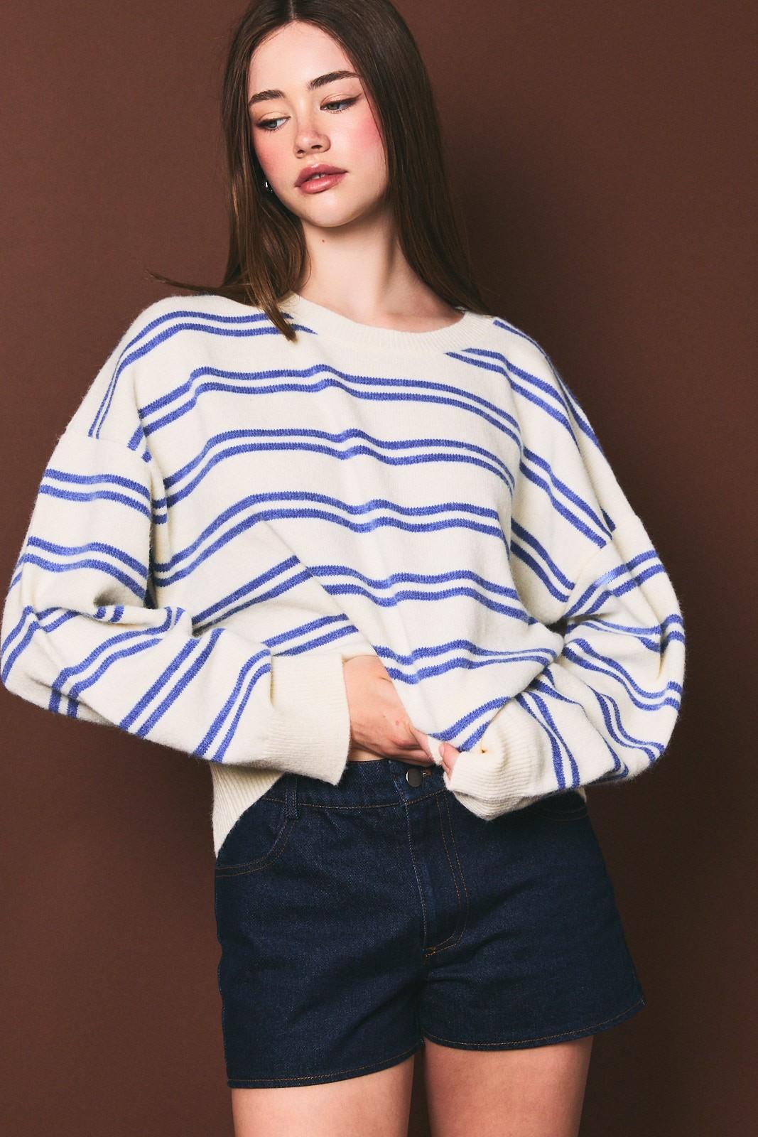 White/Blue Round Neck Stripe Knit Sweater Top