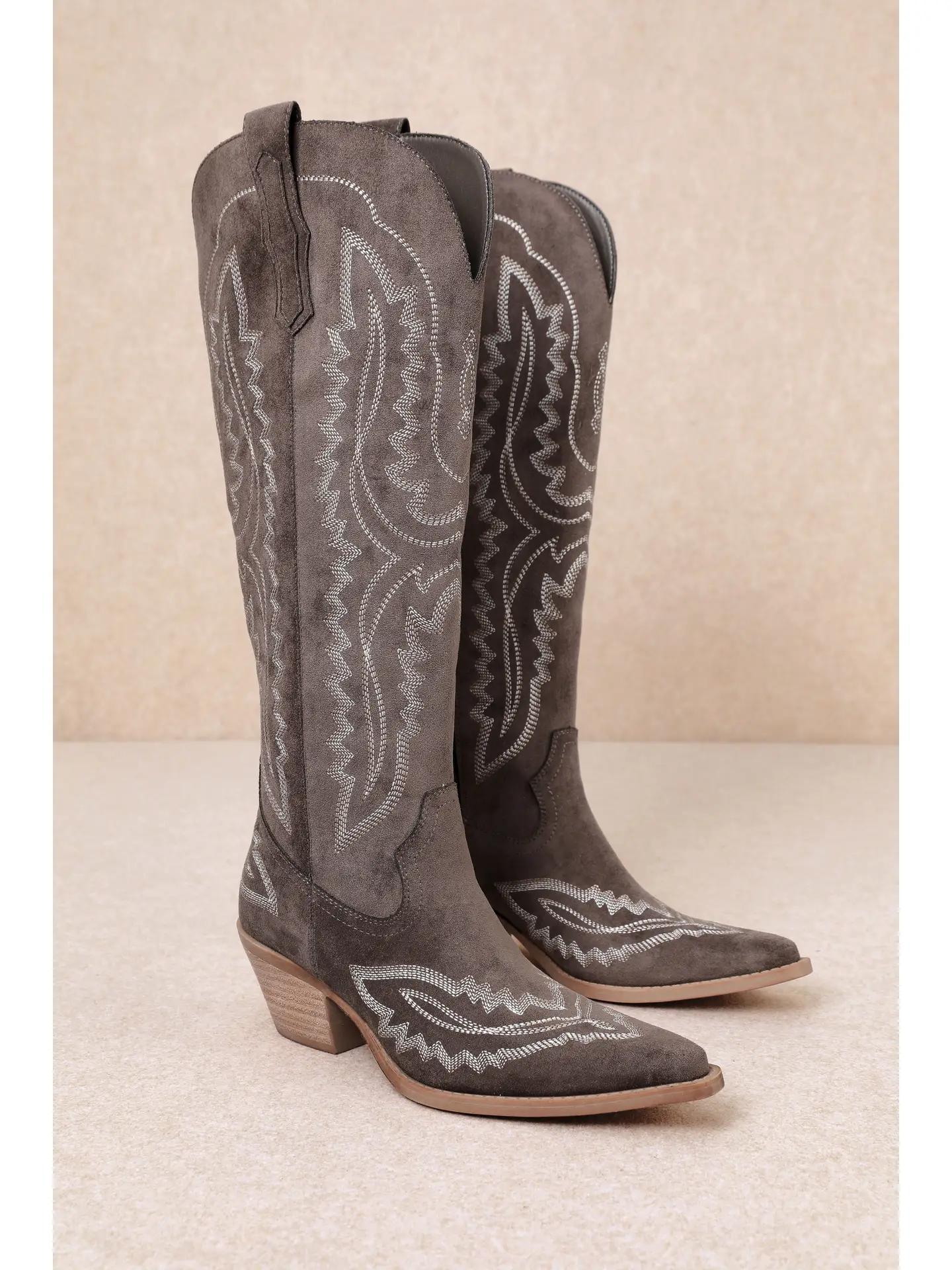 TESS - Samara Stitch Western Tall Boots - Dark Brown