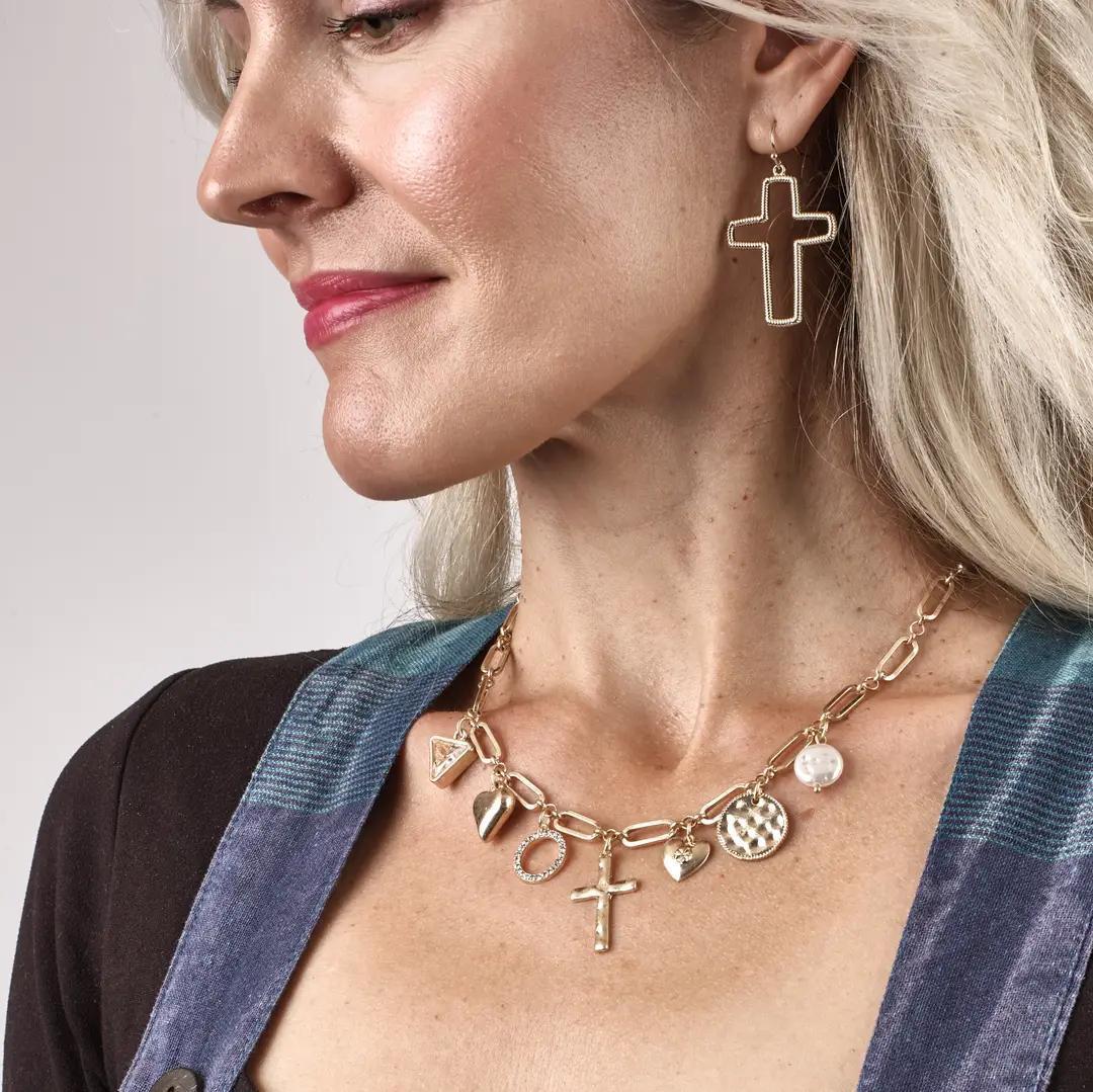 Oval Link Cross Charm Necklace - Gold