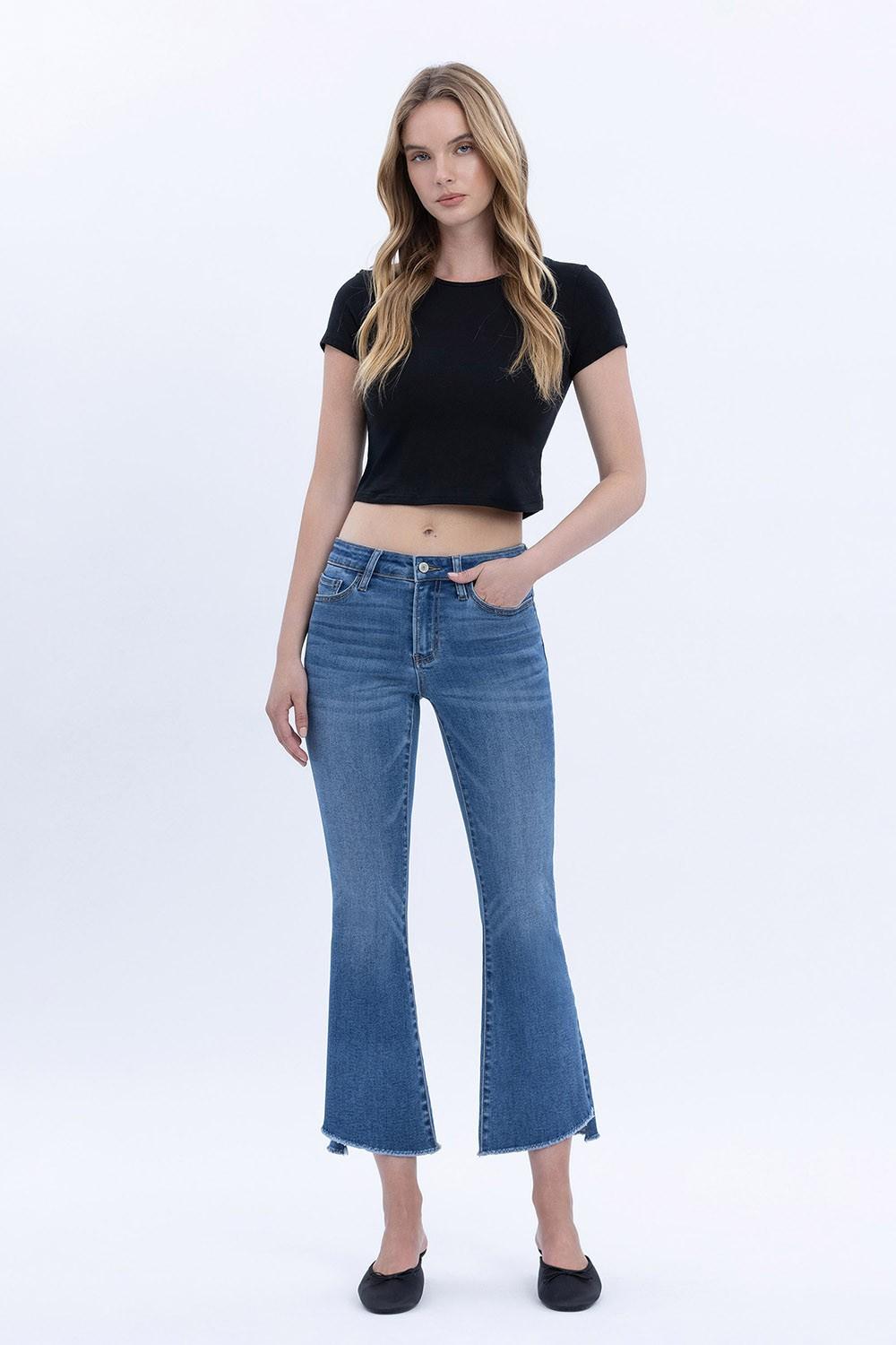 Mid Rise Raw Step Hem Crop Flare Jeans